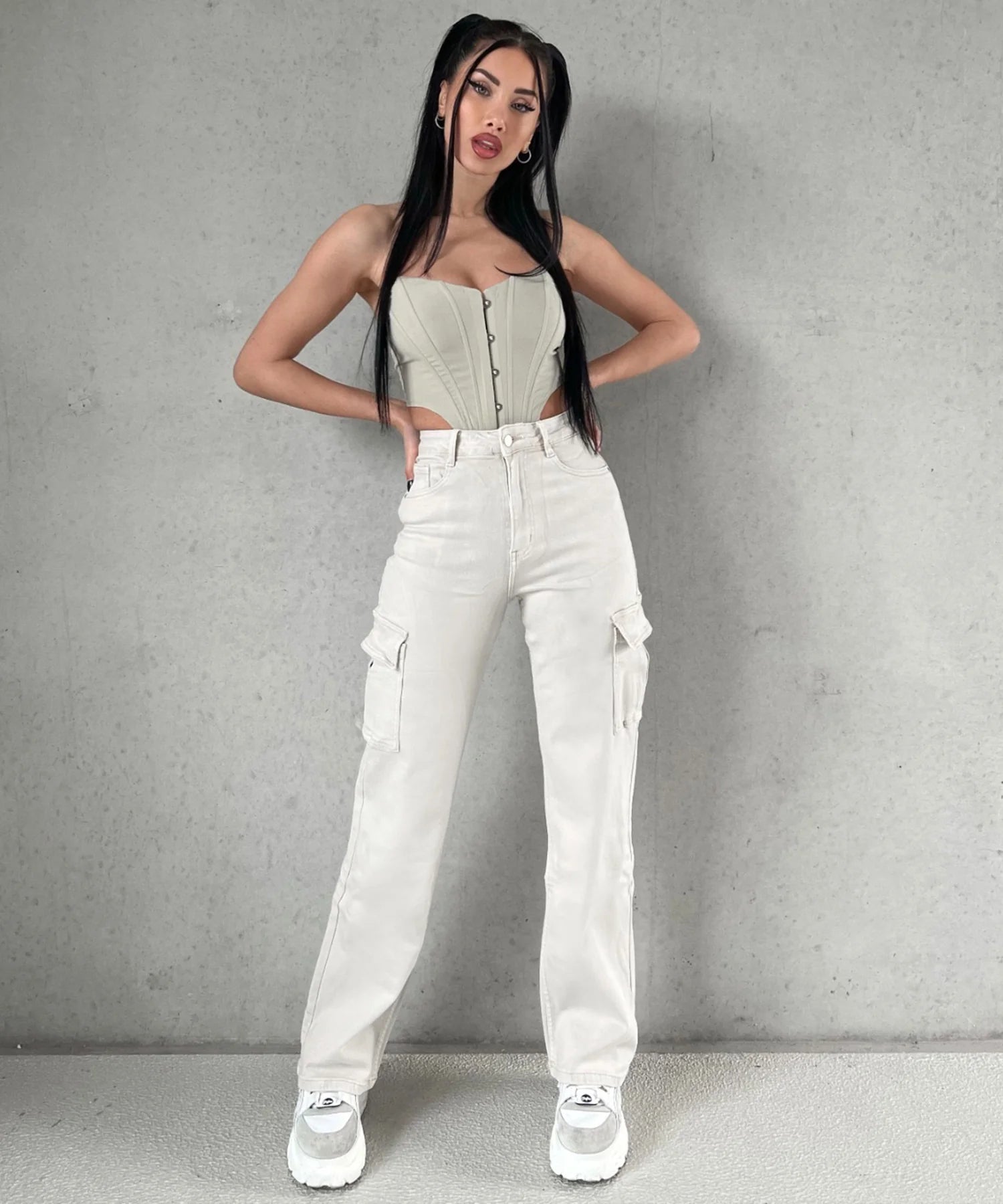 Jean large stretch cargo beige