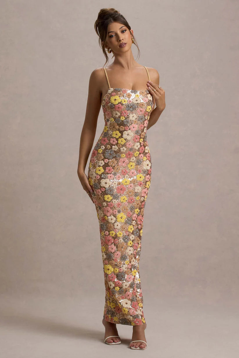 Robe longue fleurie à paillettes Floramira