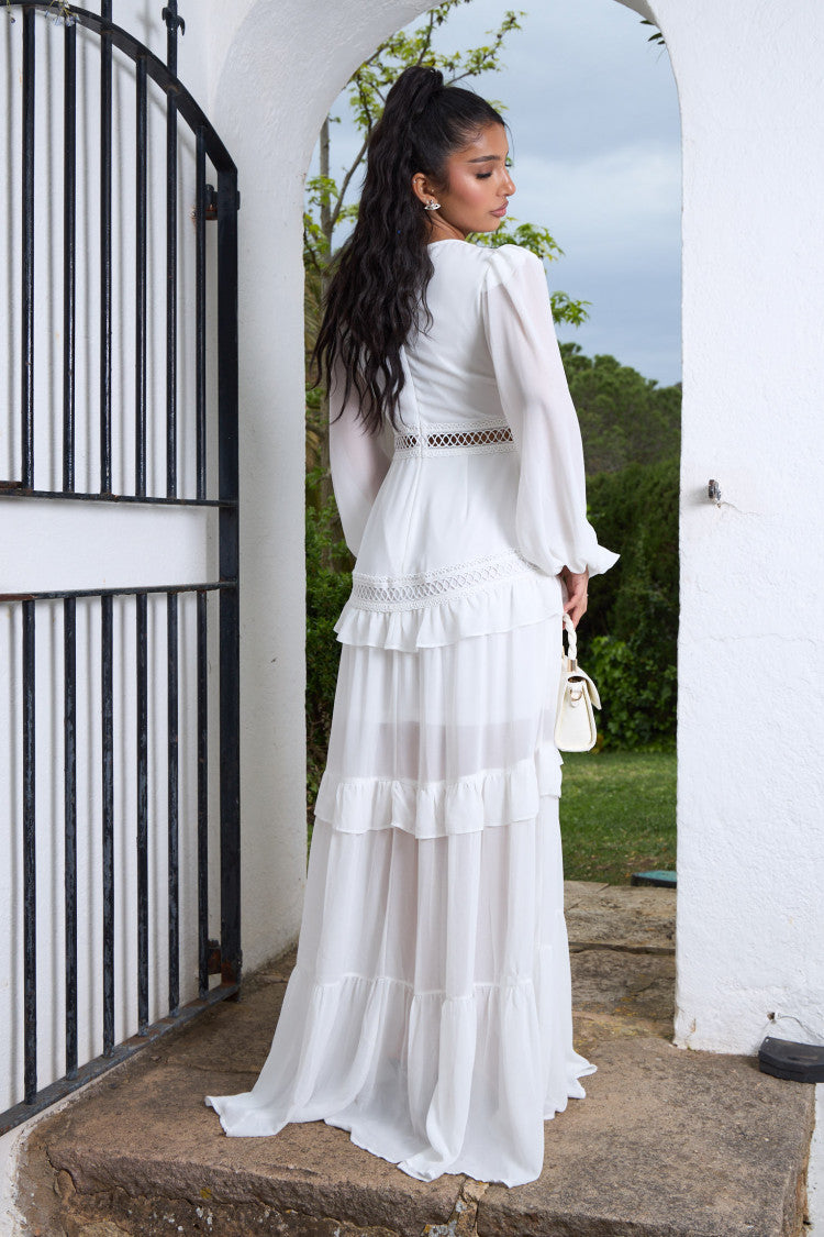 Robe maxi premium avec volants et dentelle